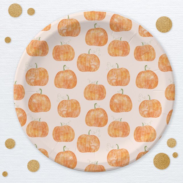 Plato De Papel Patrón de acuarela de calabaza (Watercolor pumpkin pattern autumn fall party paper plates)