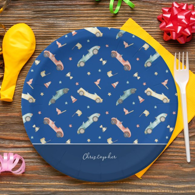 Plato De Papel Patrón de acuarela de coche de niño pequeño en azu (Subido por el creador)