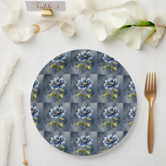 Plato De Papel Patrón de acuarela de flor azul (Boda)