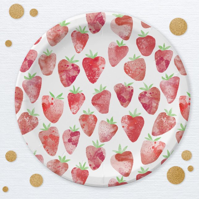 Plato De Papel Patrón de acuarela de fresa (Watercolor strawberry pattern party paper plate)