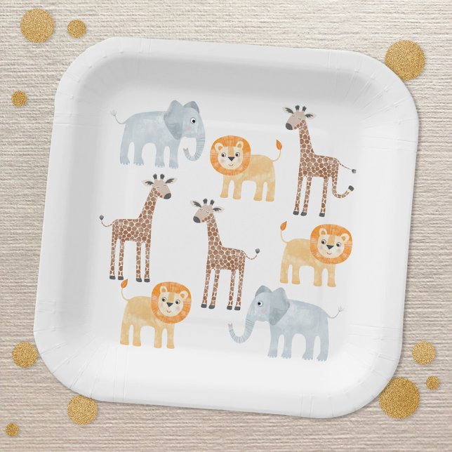 Plato De Papel Patrón de acuarela de los animales de Safari (Cute watercolor baby safari animals baby shower party paper plates)