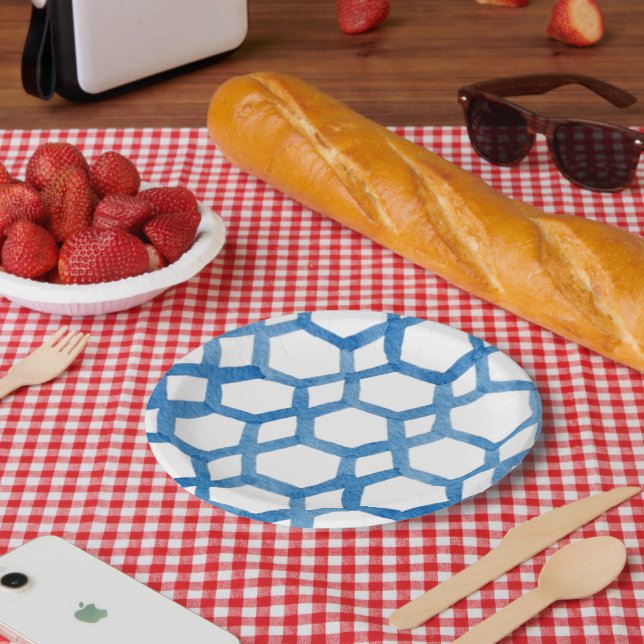 Plato De Papel Patrón de acuarela de polígono azul japonés shibor (Picnic)