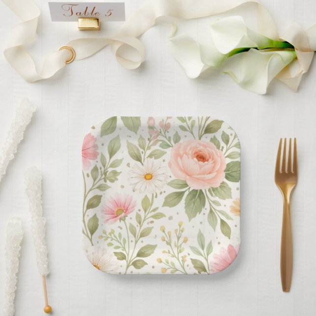 Plato De Papel Patrón de acuarela floral suave   (Boda)