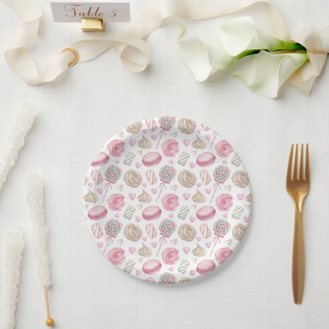 Plato De Papel Patrón de acuarela rosa dulce (Boda)