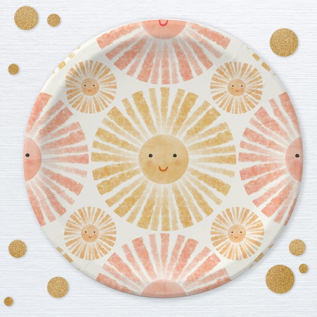 Plato De Papel Patrón de agua de poca luz solar (Happy watercolor sunshine pattern party paper plates)