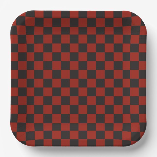 Plato De Papel Patrón de ajedrez negro y rojo profundo (Anverso)