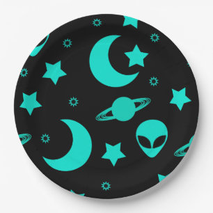 Plato De Papel Patrón de Alien Turquesa con Estrellas y Lunas
