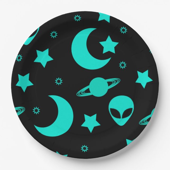 Plato De Papel Patrón de Alien Turquesa con Estrellas y Lunas (Anverso)
