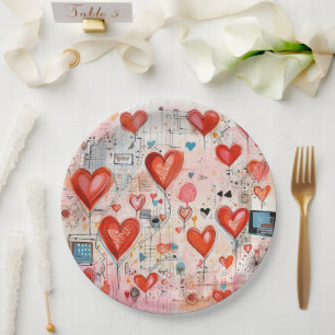 Plato De Papel Patrón de amor caprichoso de los corazones rojos