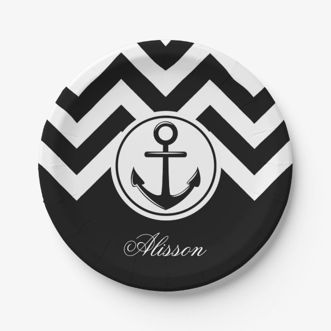 Plato De Papel Patrón de anclaje blanco y negro (Anverso)