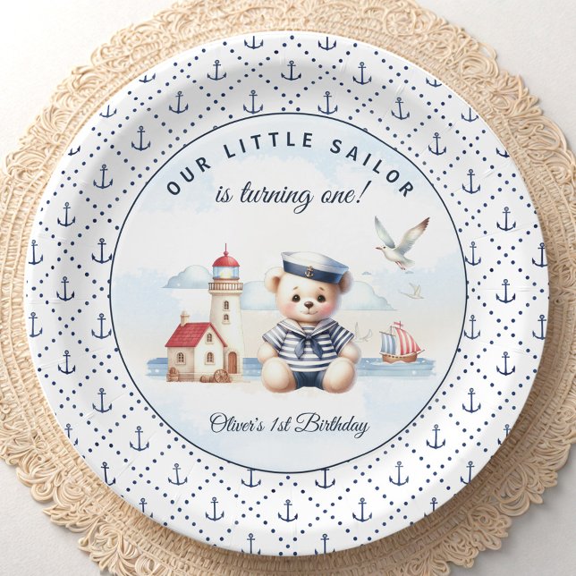 Plato De Papel Patrón de anclaje de primer cumpleaños del mariner (Nautical Sailor Bear 1st Birthday Anchor Pattern Paper Plates)