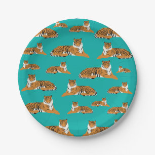 Plato De Papel Patrón de animal de tigre de jungla naranja verde 