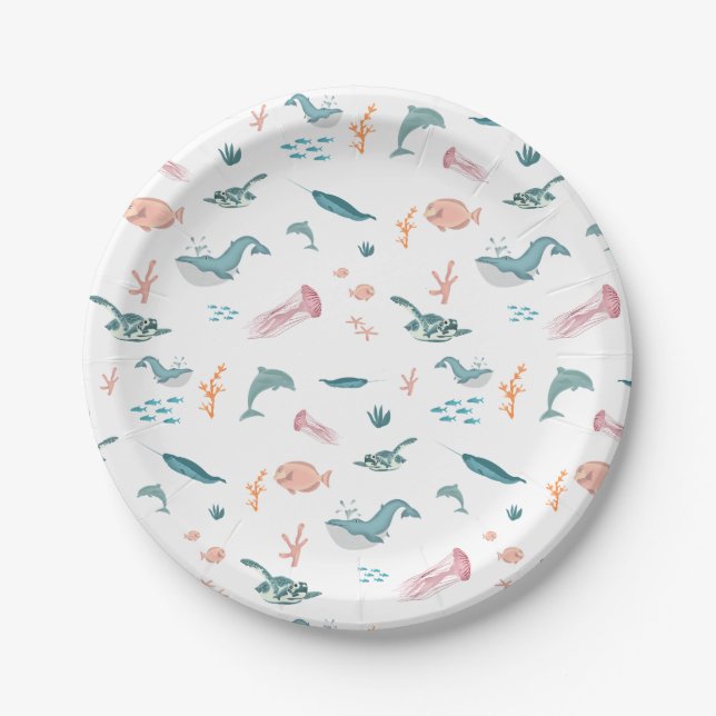 Plato De Papel Patrón de animales acuáticos del océano (Anverso)