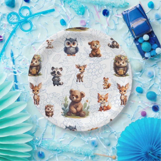 Plato De Papel Patrón de animales de bosque para niños pequeños (Fiesta)