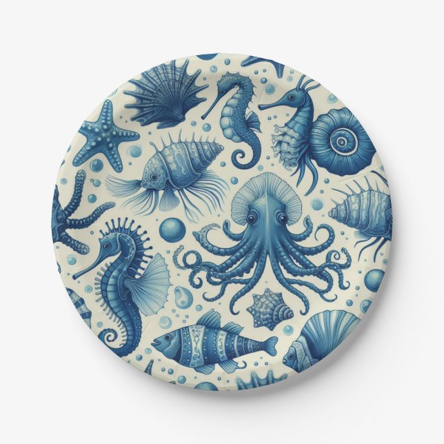 Plato De Papel Patrón de animales de marina de época (Anverso)