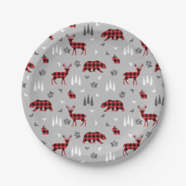 Plato De Papel Patrón de Animales del Bosque con Cuadros de Búfal