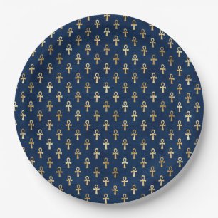 Plato De Papel Patrón de Ankh egipcio dorado y azul