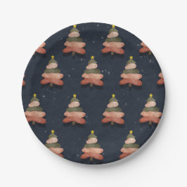 Plato De Papel Patrón de árbol de Navidad azul medianoche
