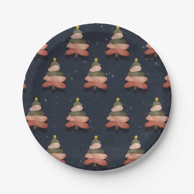 Plato De Papel Patrón de árbol de Navidad azul medianoche (Anverso)