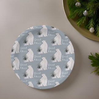 Plato De Papel Patrón de árbol de navidad del oso polar acuarela
