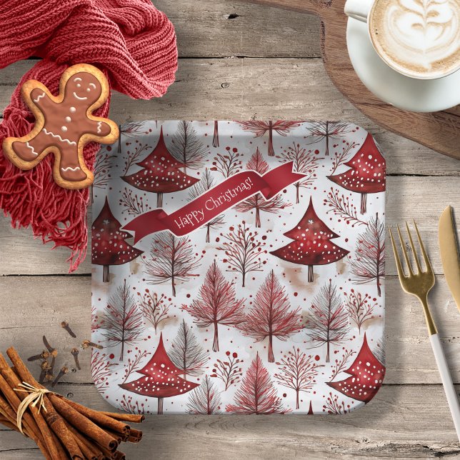 Plato De Papel Patrón de árbol de navidad rojo blanco #4 ID1009 (Subido por el creador)