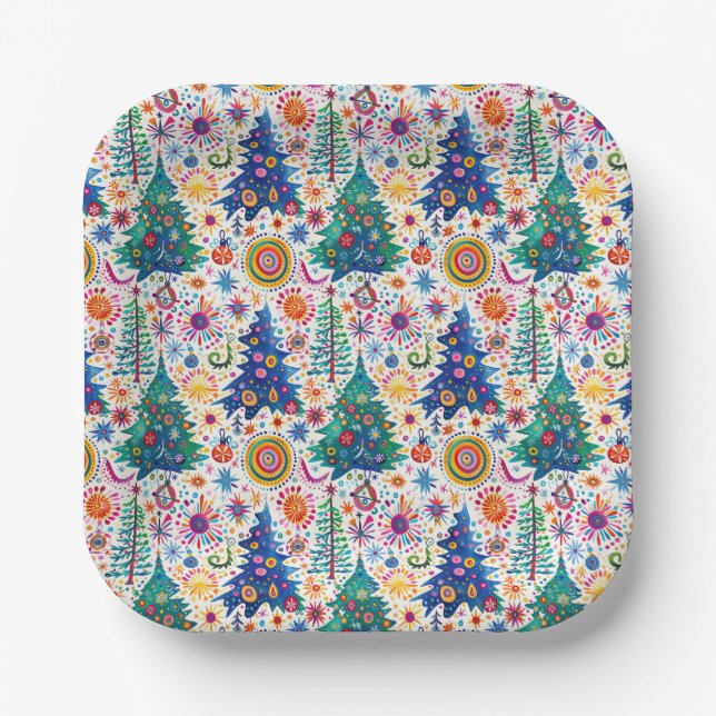 Plato De Papel Patrón de árbol festivo colorido (Anverso)
