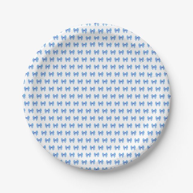 Plato De Papel Patrón de arco de gingham azul-blanco (Anverso)