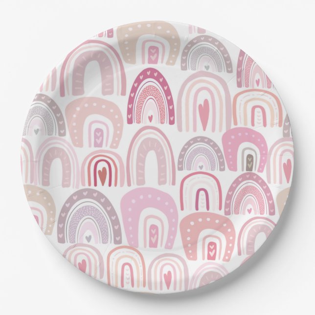 Plato De Papel Patrón de arcoiris del boho rosado de Rubor (Anverso)