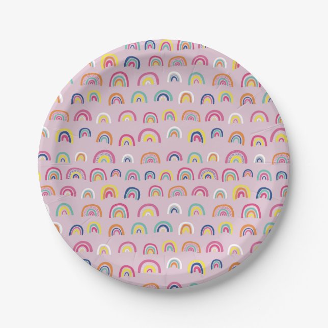 Plato De Papel Patrón de arcoíris rosa (Anverso)