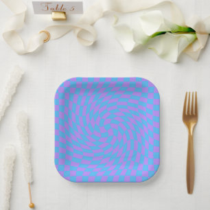 Plato De Papel Patrón de arte de damero azul claro y lavanda