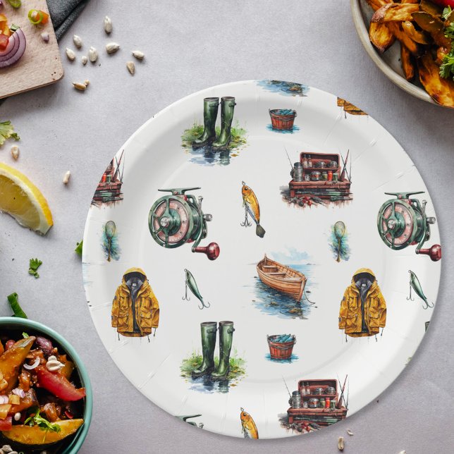 Plato De Papel Patrón de artes de pesca de acuarela masculino (Subido por el creador)