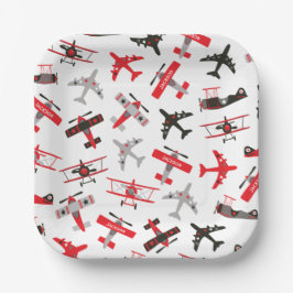Plato De Papel Patrón de avión militar retro rojo y negro para la