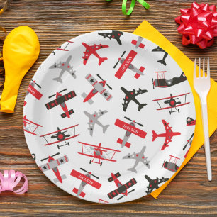 Plato De Papel Patrón de avión militar retro rojo y negro para la