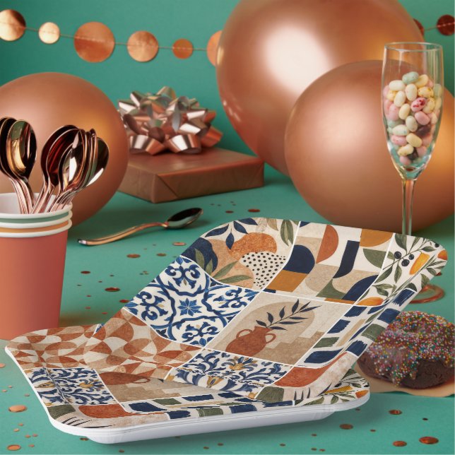 Plato De Papel Patrón de azulejos boho mediterráneo (Multi)
