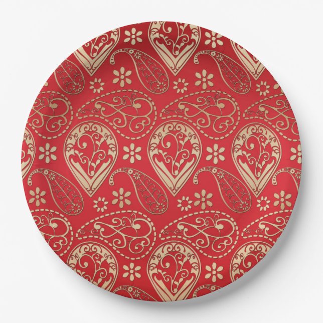 Plato De Papel Patrón de Bandana de Paisley Red Gold (Anverso)