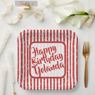 Plato De Papel Patrón de bandas simples rojas de nombre feliz cum