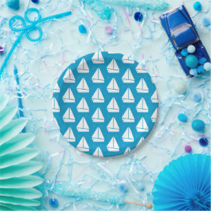 Plato De Papel Patrón de barco de vela azul claro