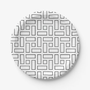 Plato De Papel Patrón de bloques lineales en blanco y negro - bla