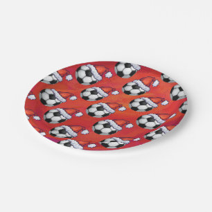 Plato De Papel Patrón de bola de fútbol de Santa Hat en rojo