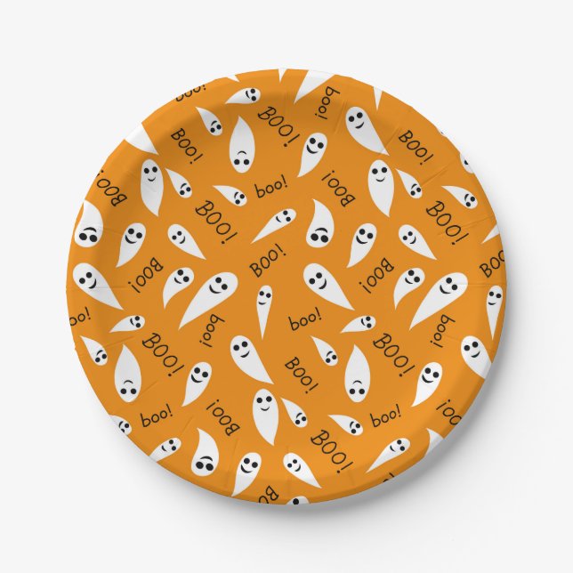 Plato De Papel Patrón de boo de Naranja y fantasía de Halloween b (Anverso)