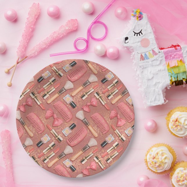 Plato De Papel Patrón de brillo de cosméticos rosa  (Fiesta)