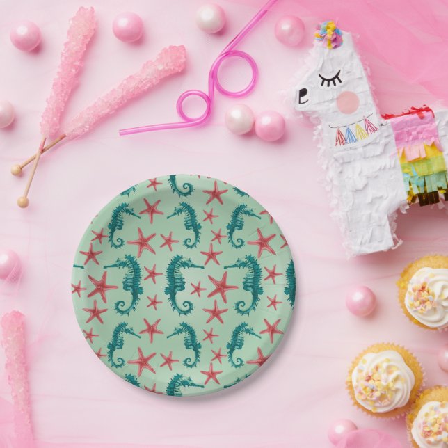 Plato De Papel Patrón de caballito de mar verde azulado (Fiesta)