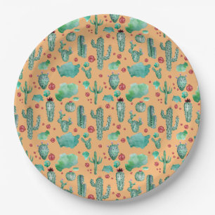 Plato De Papel patrón de cactus y ladybug - fondo naranja