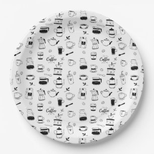 Plato De Papel Patrón de café y café negro dibujado a mano