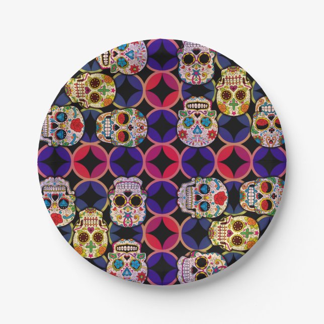 Plato De Papel Patrón de calaveras azucareras (Anverso)