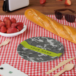 Plato De Papel Patrón de camuflaje gris, tu nombre, Personaliza
