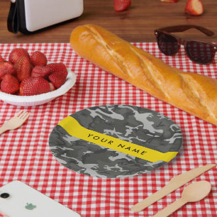 Plato De Papel Patrón de camuflaje gris, tu nombre, Personaliza