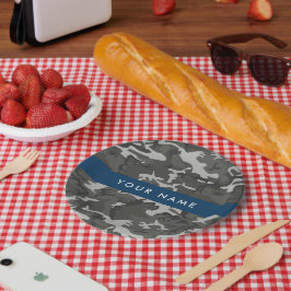 Plato De Papel Patrón de camuflaje gris, tu nombre, personalizado