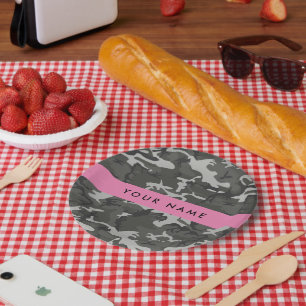 Plato De Papel Patrón de camuflaje gris, tu nombre, personalizado