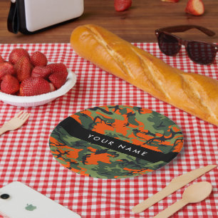 Plato De Papel Patrón de camuflaje naranja, tu nombre, personaliz